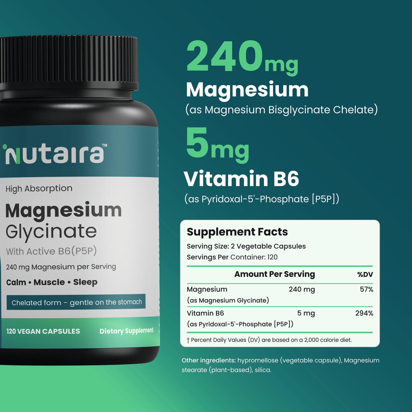 Nutaira Magnesium Glycinate 240mg with Active B6 (P5P) — 120 Vegan Capsules | High Absorption, Chelated, Gentle on Stomach