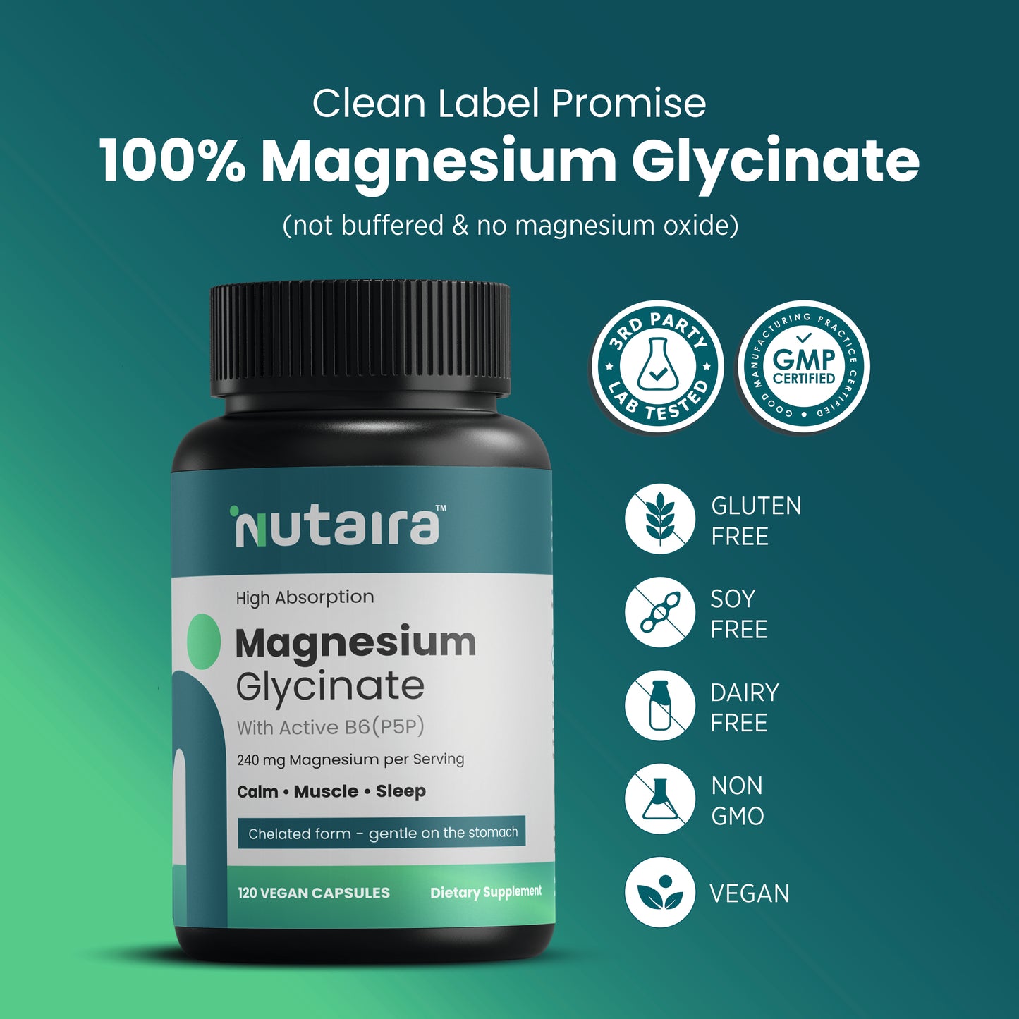 Nutaira Magnesium Glycinate 240mg with Active B6 (P5P) — 120 Vegan Capsules | High Absorption, Chelated, Gentle on Stomach