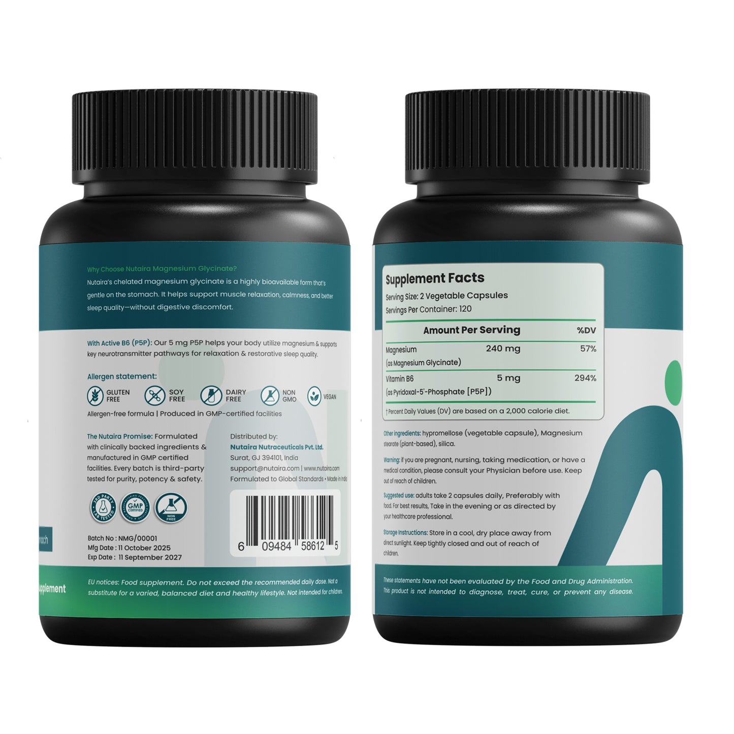 Nutaira Magnesium Glycinate 240mg with Active B6 (P5P) — 120 Vegan Capsules | High Absorption, Chelated, Gentle on Stomach