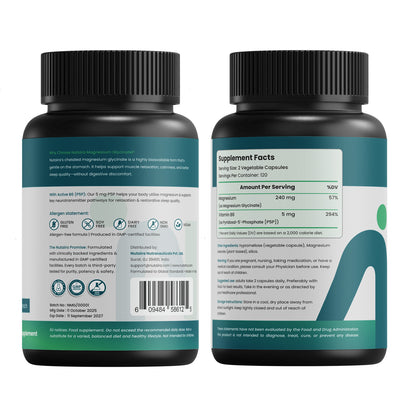 Nutaira Magnesium Glycinate 240mg with Active B6 (P5P) — 120 Vegan Capsules | High Absorption, Chelated, Gentle on Stomach